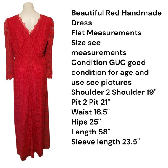 Handmade Lace Dress Waist Size Medium Red Pink Maxi Long Sleeve - Picture 3 of 5